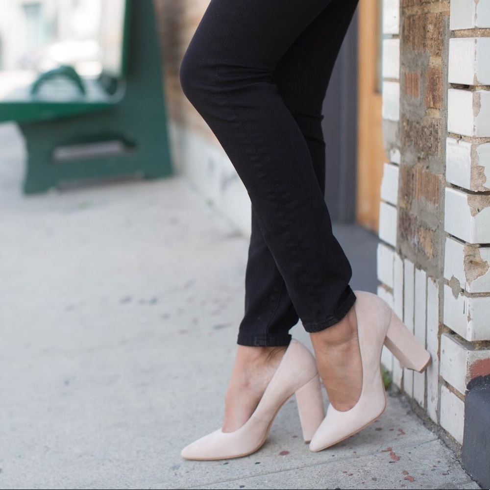 Blush Pink Pointed Toe Suede Block Heels
